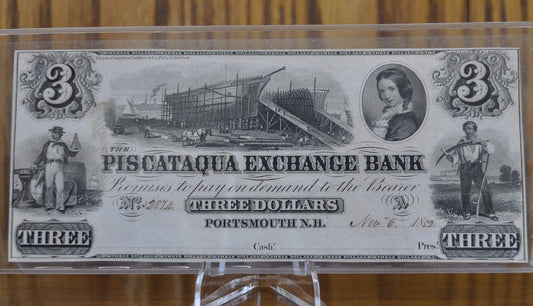 1852 Piscataqua Exchange Bank 3 Dollar Paper Banknote, Portsmouth NH - Uncirculated - Three Dollar Note Portsmouth New Hampshire 1852