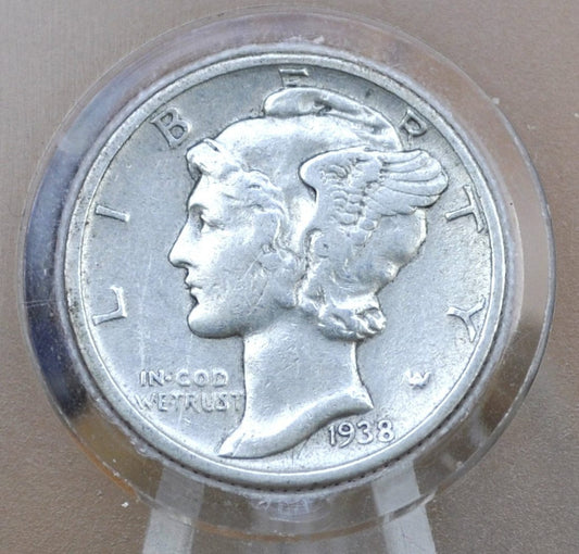 1938 Mercury Silver Dime - XF-AU (Extremely Fine to About Uncirculated) Grade Philadelphia Mint 1938 P Winged Liberty Head Silver Dime 1938