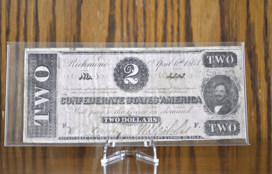 Rare 1863 Confederate States of America 2 Dollar Bill - Civil War Issue Banknote -Confederate 2 Dollar Bill- Judah P. Benjamin, T-61 / CS-61