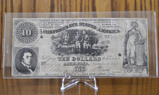 Rare 1861 Confederate States of America 10 Dollar Bill -Civil War Issue Banknote-Confederate 10 Dollar Note- Judah P. Benjamin, T-30 / CS-30