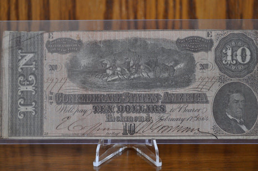 1864 Confederate States of America Ten Dollar Bill - Civil War Issue Banknote - Confederate 10 Dollar Bill - Richmond VA, T-68 / CS-68