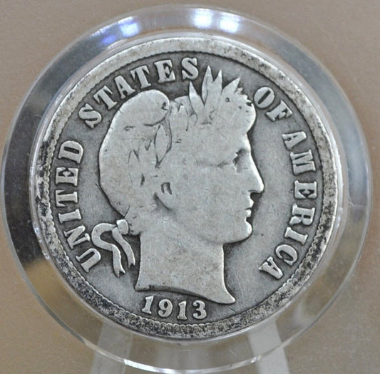 1913 Barber Silver Dime - G (Good) Condition - Philadelphia Mint - 1913 Liberty Head Dime - Silver 1913 P Barber Dime