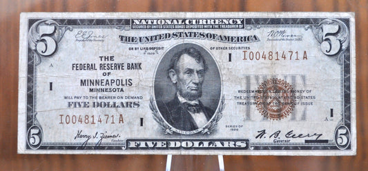 Rarer 1929 5 Dollar National Currency Note Fr1850-I - VF (Very Fine) - 1929 Brown Seal 5.00 FRBN Minneapolis Five Dollar Fr#1850I, Scarce