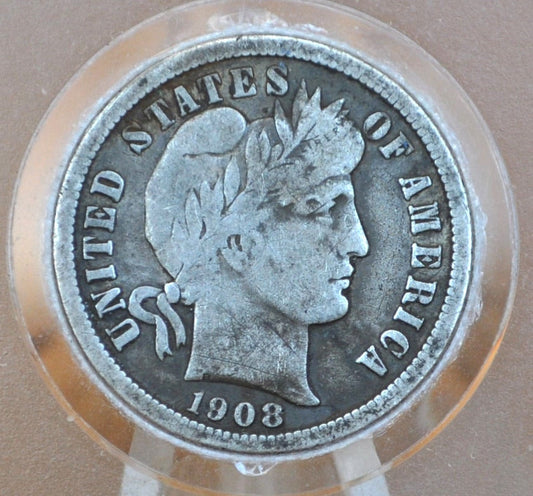 1908-D Barber Silver Dime - F (Fine) Grade / Condition - Philadelphia Mint - 1908 D Barber Dime 1908 Dime