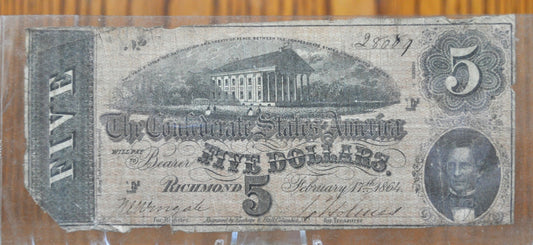 1864 Confederate States of America 5 Dollar Bill - Civil War Issue Banknote - Confederate Five Dollar Bill - Richmond Capitol, T-69 / CS-69