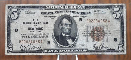 1929 5 Dollar National Currency Note Fr1850-B - VG-F (Very Good to Fine) - 1929 Brown Seal 5.00 FRBN New York, Five Dollar Fr#1850B