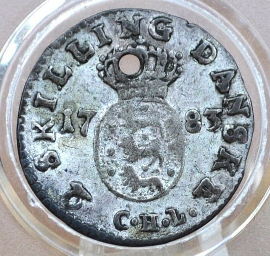 1783 Danish 2 Skilling Silver - XF Detail, Holed - 1700s Denmark Silver 2 Skilling Coin Dansk Two Skilling