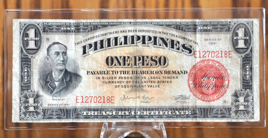 1941 Philippines 1 Peso Banknote, Rarer Note - Great Condition - One Peso Philippines Pre-WWII