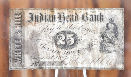 1862 Indian Head Bank 25 Cent Paper Banknote, Nashua NH - Twenty-Five Fractional Note Nashua New Hampshire, Obsolete Bank Note, White & Hall