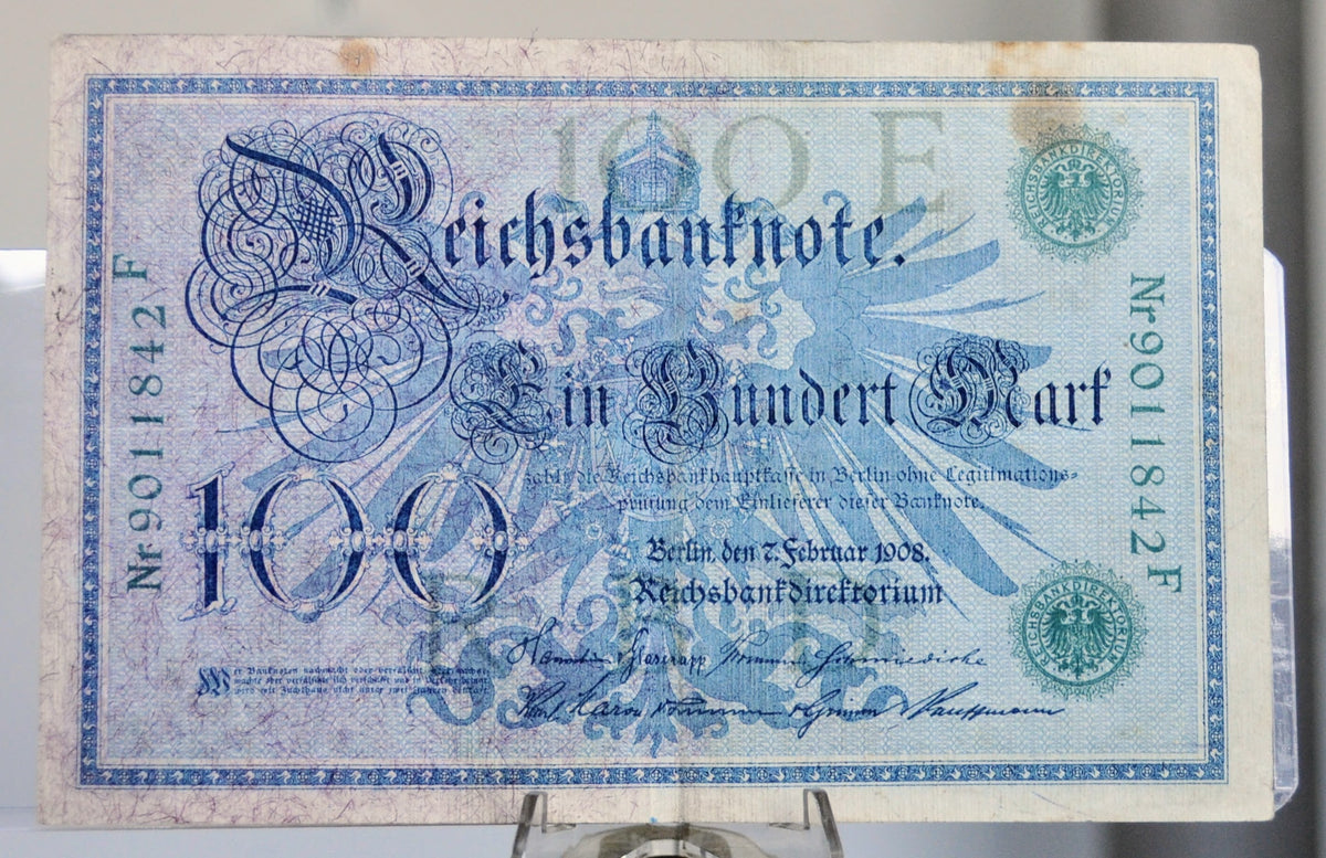 1908 German 100 Mark Banknote - Reichsbanknote - Green Seal Issue, 2nd ...