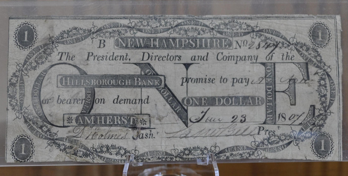 1807 Hillsborough Bank One Dollar Banknote, Amherst NH - One Dollar Note New Hampshire 1807, Early American Banknote - Historic Item