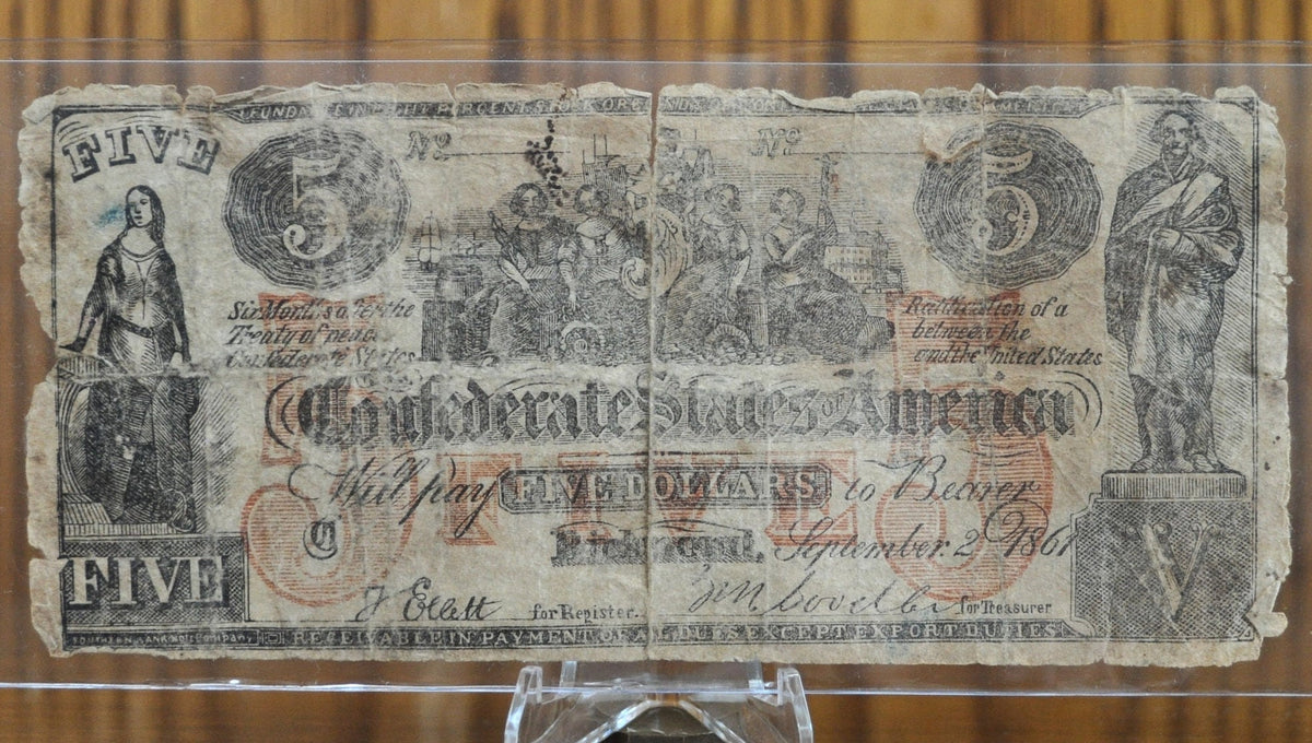 Very Rare 1861 Confederate States of America 5 Dollar Bill, T31/CS31 ...