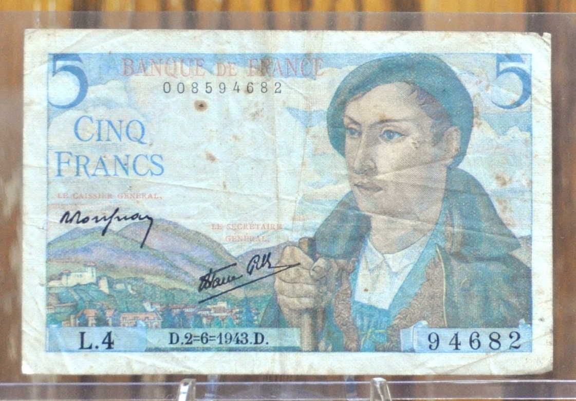 Shepard Note 1943 France 5 Franc Banknote - WWII Era French Bank Note, Shepard Desi ...