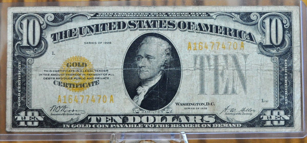 1928 10 Dollar Gold Certificate Fr#2400 - F (Fine) - Rarer Type of Not ...
