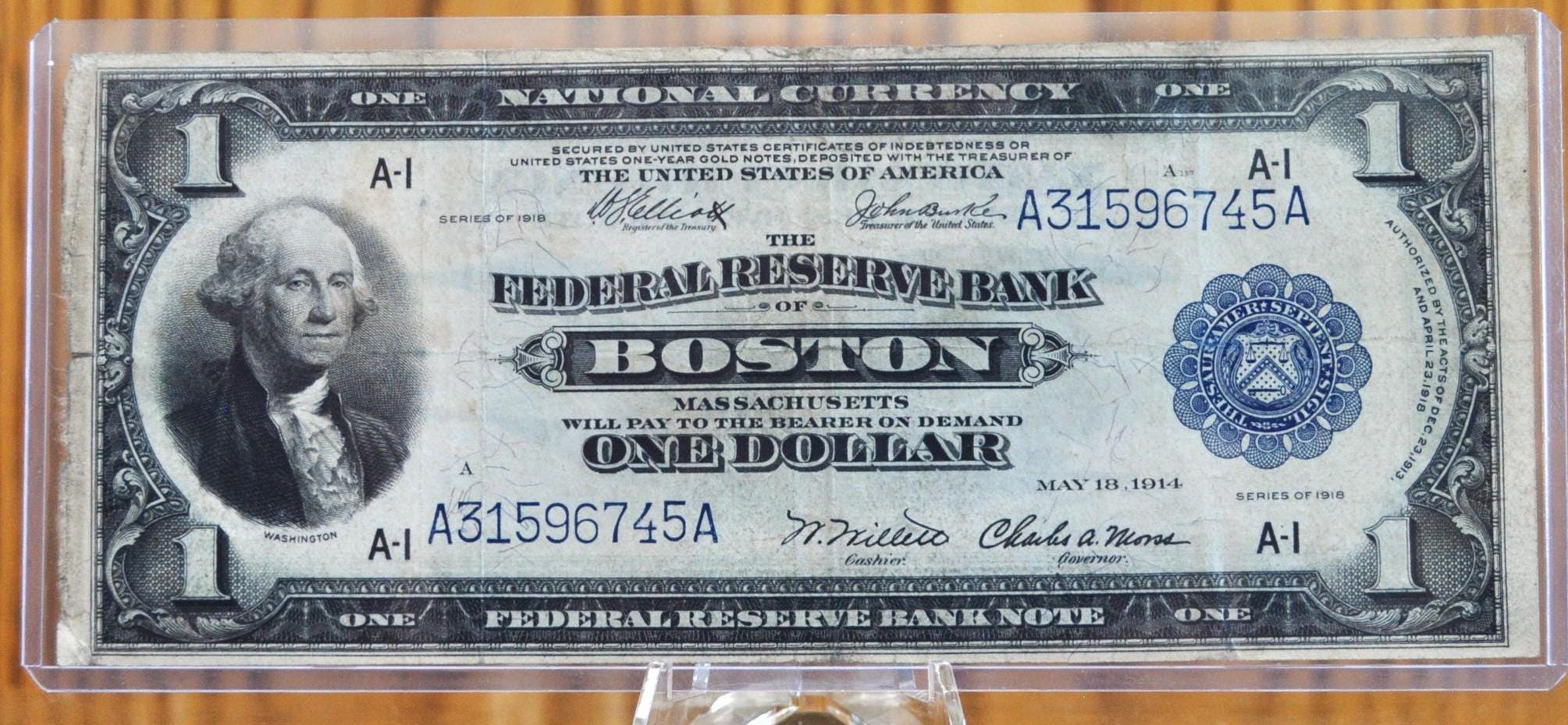 1918 1 Dollar Boston Federal Bank Note Large Size - Elliot/Burke, Will ...