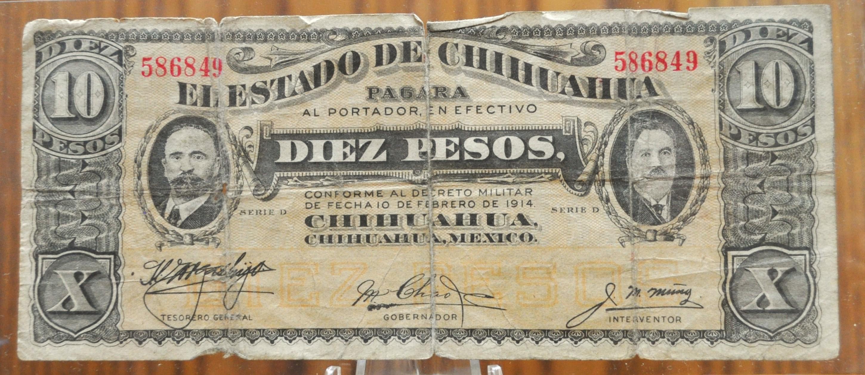 1914 Mexican Revolution Chihuahua 10 Pesos Note - Red Seal, Roman Nume ...