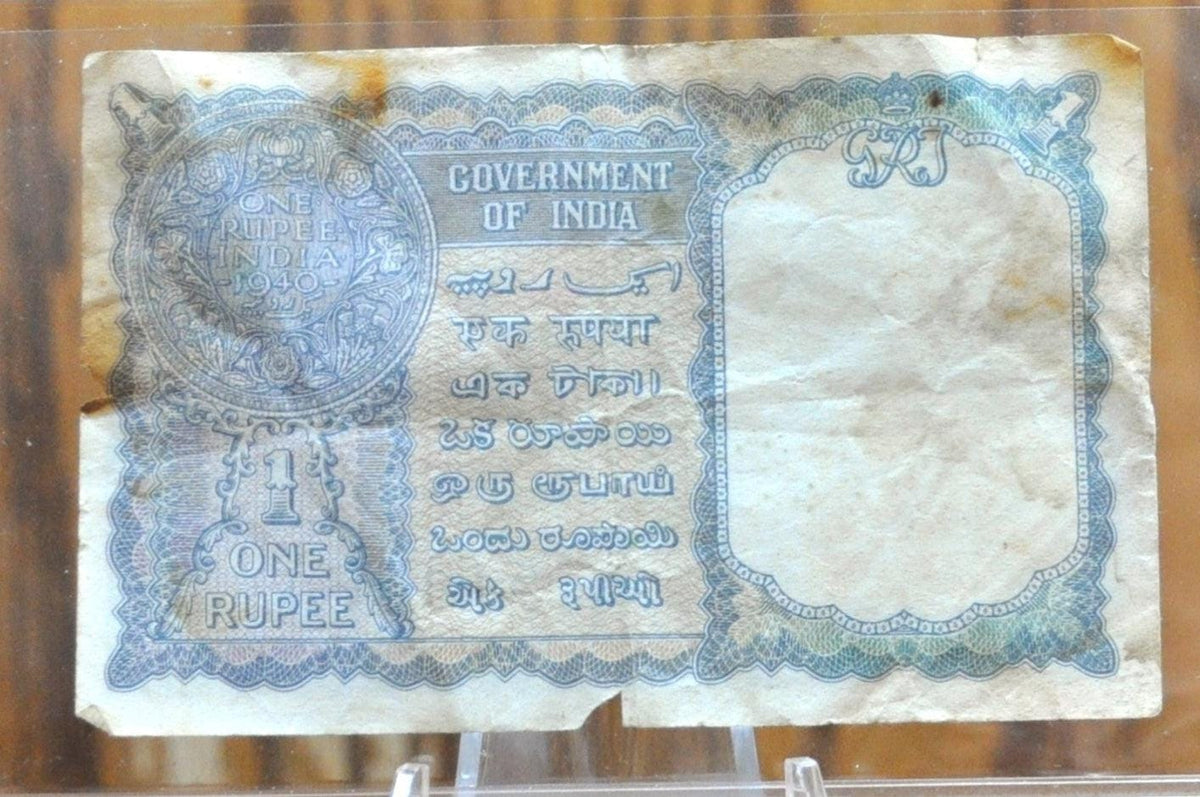 1940 India 1 Rupee Banknote - WWII Era Banknote - King George VI Coin ...