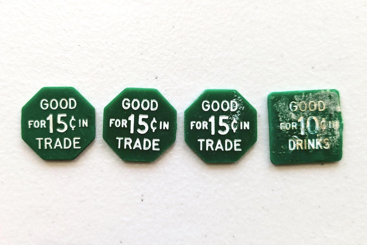 Lot of 4 Green Trade/Drink tokens - Square and Octagon Shaped Trade To ...