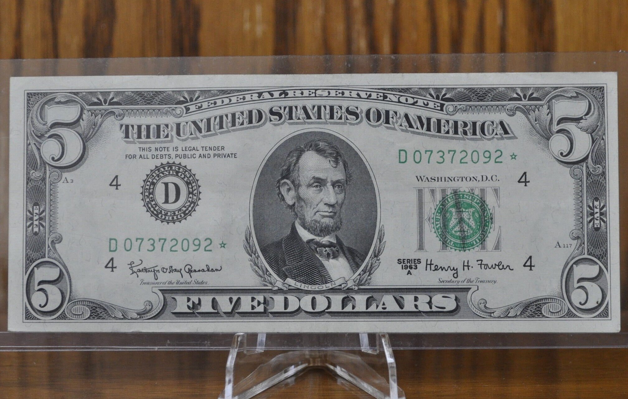 1963-A 5 Dollar Star Note - (D) Cleveland Ohio - AU (About Unc.) - 196 ...